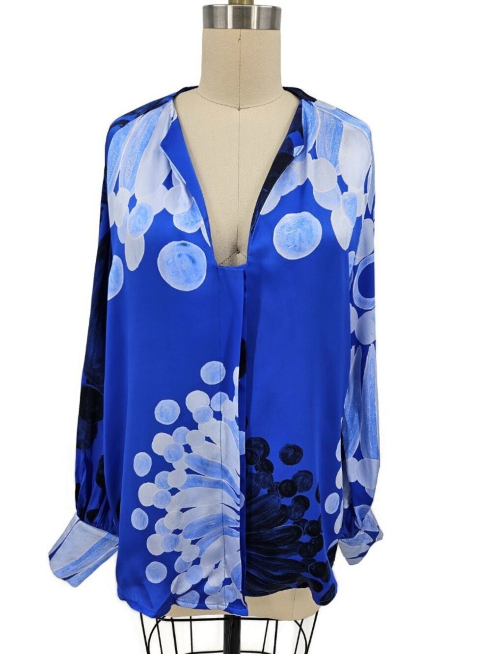 Themis Z Nefeli Printed Silk Satin Blouse Shirt Womens 42 Greece Flowy LS